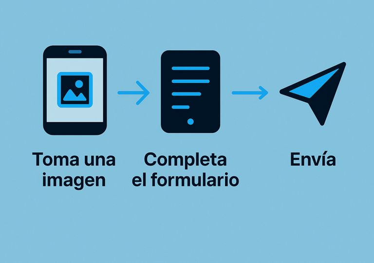 Toma una foto, llena el formulario y envía.