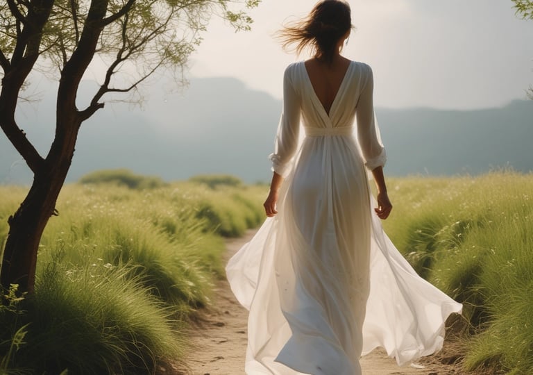 A serene portrait of Elena in a minimalist setting, radiating calm confidence.