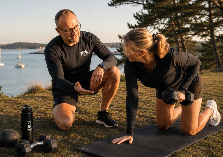 Coach sportif accompagnant une séance de renforcement fonctionnel dans le Golfe du Morbihan