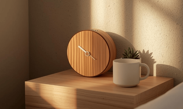 Wood-grain smart alarm clocks glowing with sunrise light on a minimalist bedroom nightstand.