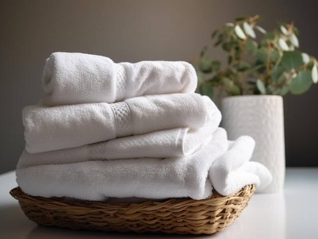 a basket of towels folded for a vacation rental