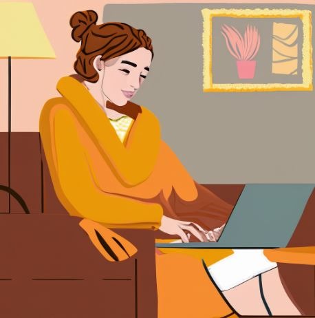 femme chez elle devant son ordinateur en visoconference sur zoom