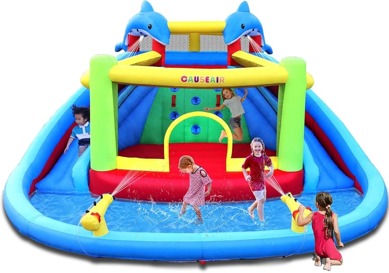 Causeair Inflatable Bounce House with Slide,Dolphin Styling,Splashing Pool,Double Water Cannon,Climb