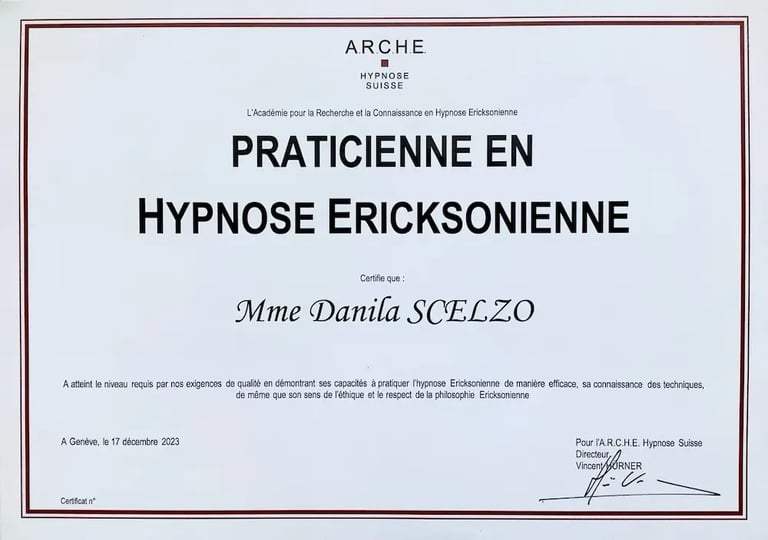 Certificat de Praticienne en hypnose ericksonienne A.R.C.H.E. Hypnose Suisse – Danila Scelzo, cabinet Hypnonaute à Genève.