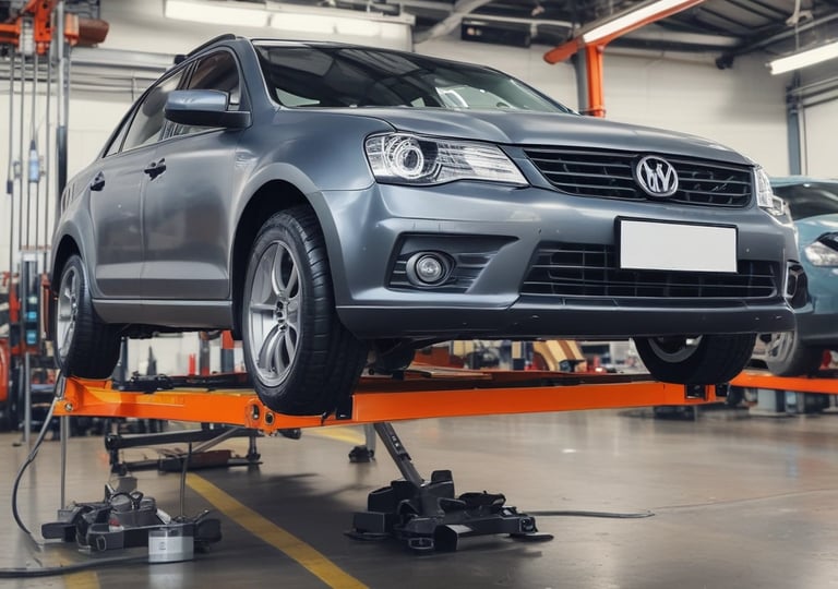 Several racing tires are placed on a concrete floor, with one large tire in the foreground. A person is kneeling and working on a tire, while another person stands nearby wearing green gloves. The background shows a garage environment with tools and equipment.