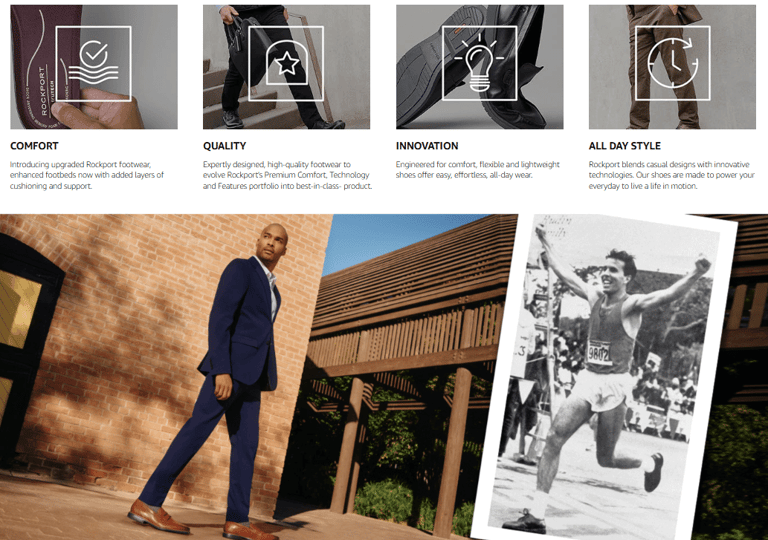 Rockport Men's Eureka Walking Shoes in classic brown leather on cobblestone street. Stylish