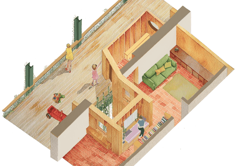 Axo drawing of an apartment renovation and aulteration in a cooperative housing project, Basel