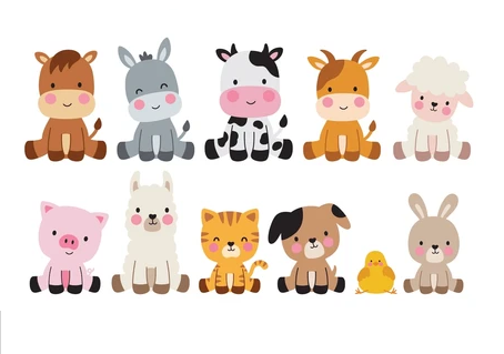 our animal friends: horse, donkey, cow, goat, sheep, pig, llama, cat, dog, chick, rabbit