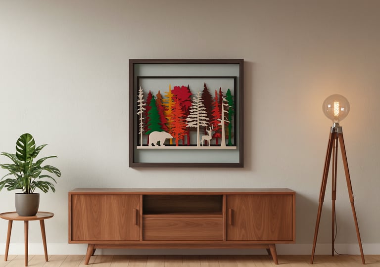 Wald-Silhouette Holzdeko – Handmade in Buchs SG, Schweiz. Farbenfrohe Waldlandschaft mit Tieren, 