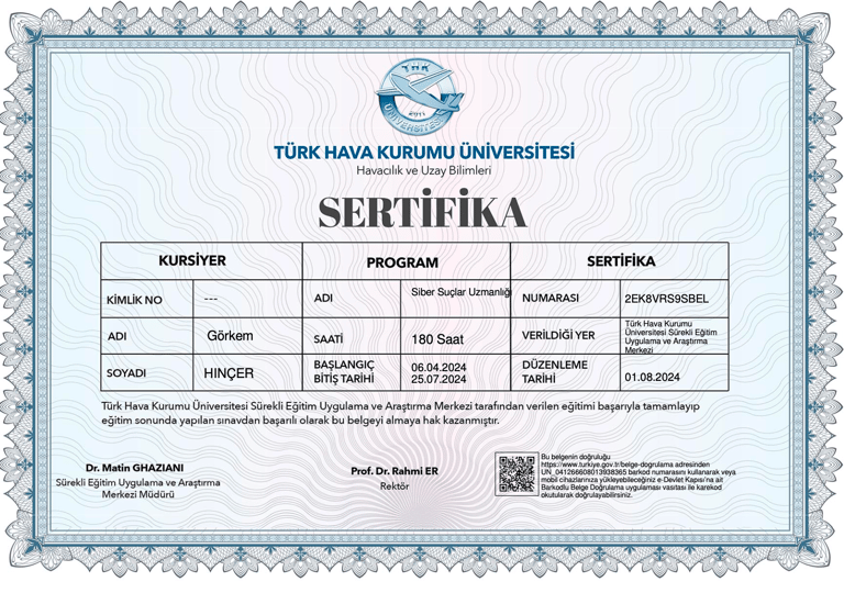 Official Cybersecurity Specialist certificate from University of Turkish Aeronautical Association for Görkem Hinçer.