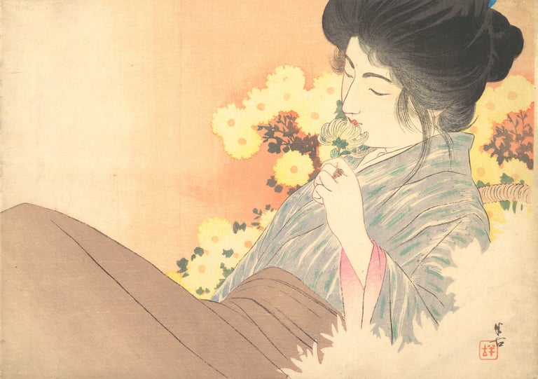 Meiji-period woman relaxes among chrysanthemums in this kuchi-e by Kajita Hanko