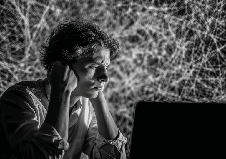 a man sitting at a laptop computer with a laptop on his lap