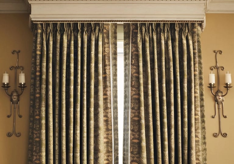 Paire de rideaux à tête double plis surmontée d'une cantonnière