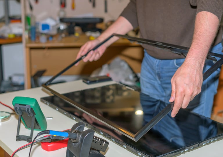 a man is holding a tablet computer and a tablet