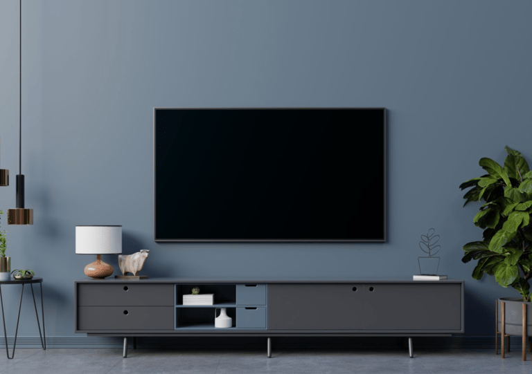 a tv screen showing a large screen tv and a plant in a room