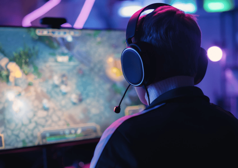 a man wearing headphones and headphones, playing a video game