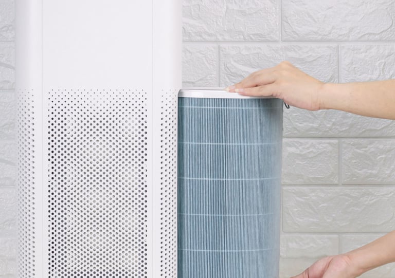 a person holding a blue and white air purifier