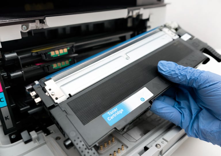 a person in gloves and gloves holding a printer