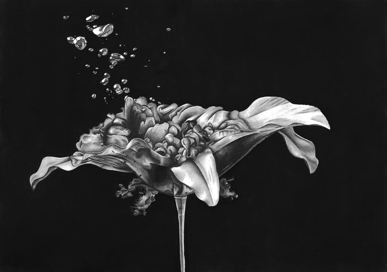 realistische Zeichnung Blume mit abstrakten Formen in Schwarz Weiß