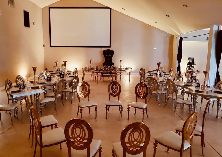 Open layout event space in Atlanta set up for a private celebration