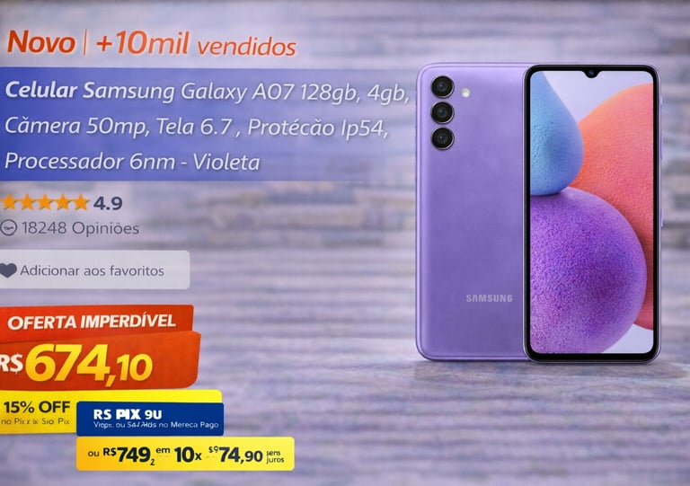 Samsung Galaxy A07 violeta de 128GB em oferta, smartphone com tela de 6.7 polegadas e câmera de 50mp.