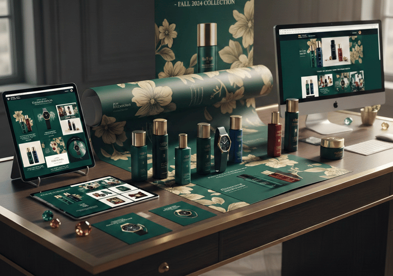 Luxury skincare and watch collection display for the Fall 2024 seasonal product launch.