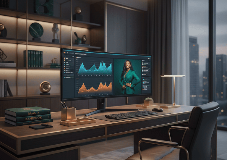 Modern executive home office with an ultrawide monitor displaying data analytics and a luxury desk.
