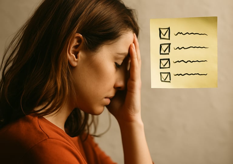 A thoughtful young woman sits at a table with her hand resting on her forehead, surrounded by scattered papers and a warm, so