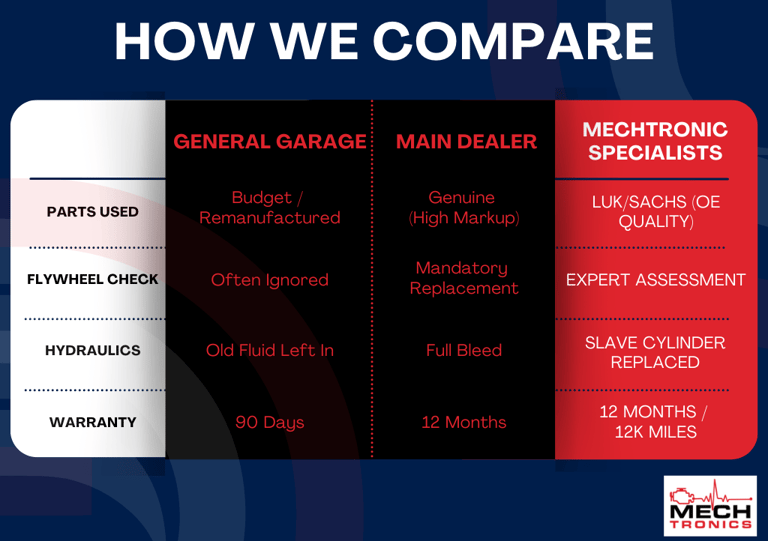 Comparison chart of clutch repair services showing Mechtronics Specialists versus general garages and main dealers.