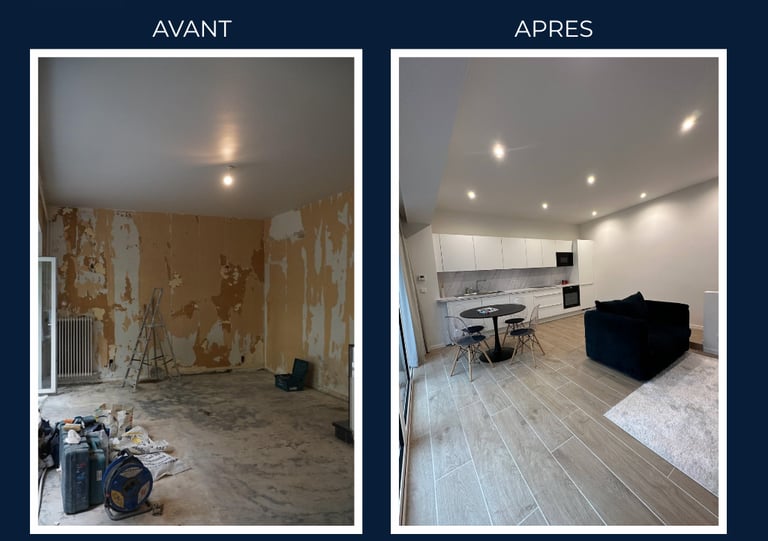 photo avant après une rénovation intérieure - peinture, pose de carrelage, pose chauffage au sol