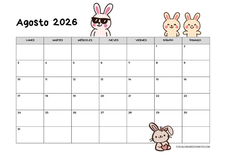 Calendario agosto 2026 kawaii horizontal con conejitos adorables para imprimir gratis, diseño bonito
