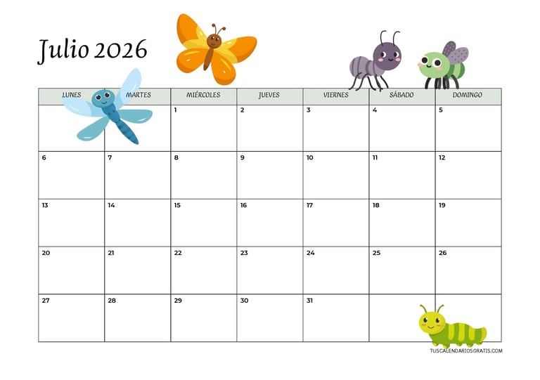 calendario julio 2026 horizontal animales insectos imprimir gratis organización planificación mensua