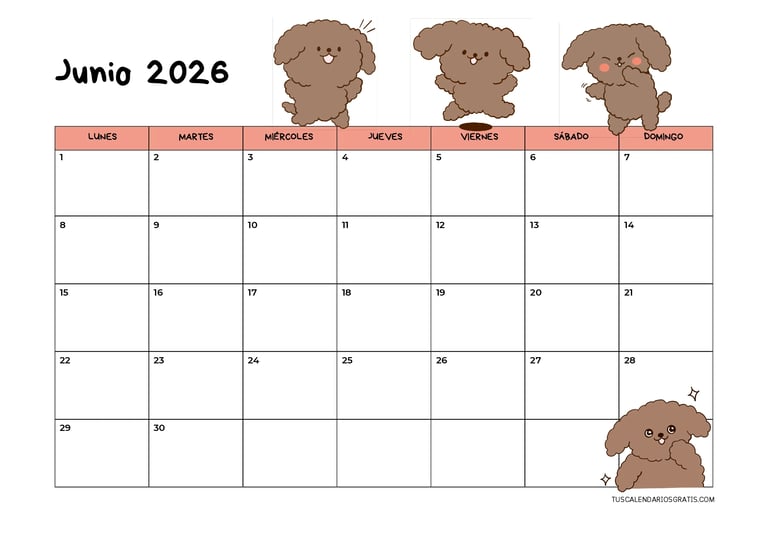 Calendario junio 2026 horizontal kawaii con perritos marrones adorables para imprimir gratis diseño 