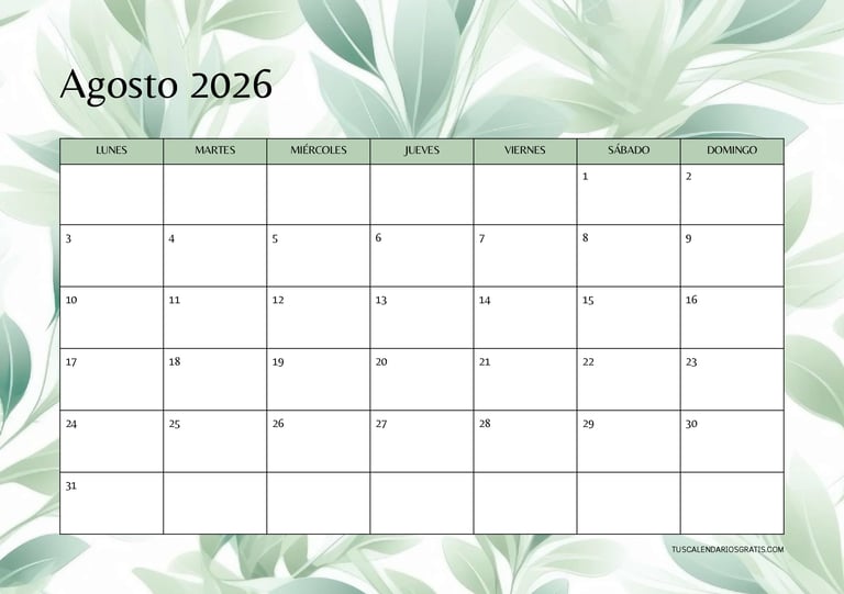 Calendario agosto 2026 floral horizontal para imprimir gratis con diseño elegante y minimalista para