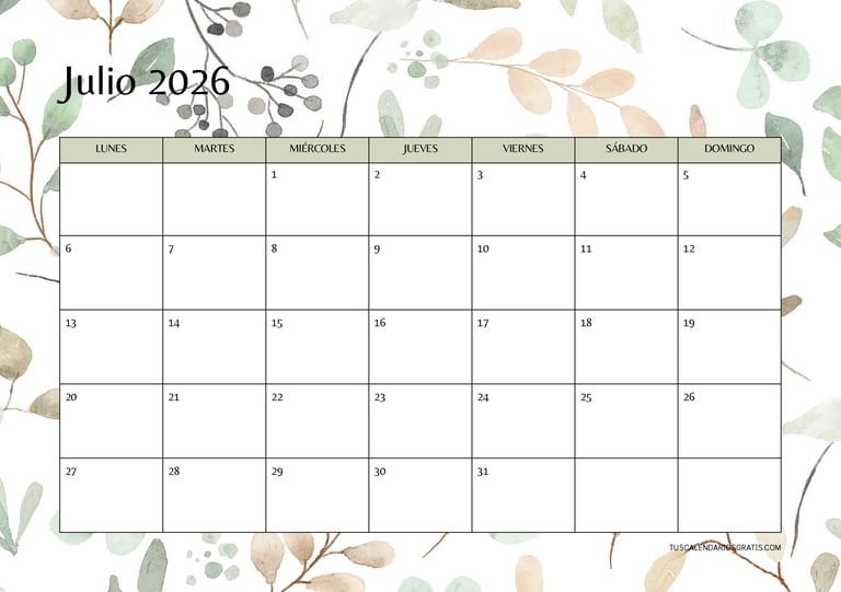 Calendario julio 2026 floral horizontal para imprimir gratis con diseño veraniego y espacio para org