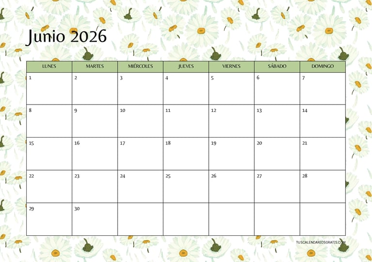 Calendario junio 2026 horizontal floral margaritas para imprimir gratis planificación mensual organi