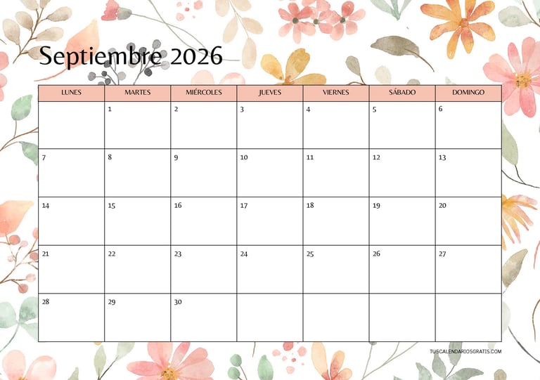 Calendario septiembre 2026 floral horizontal para imprimir gratis con diseño elegante para organizac