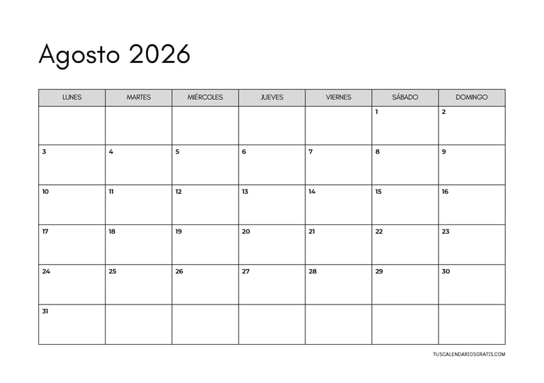 Calendario agosto 2026 minimalista horizontal para imprimir gratis en formato limpio y elegante para