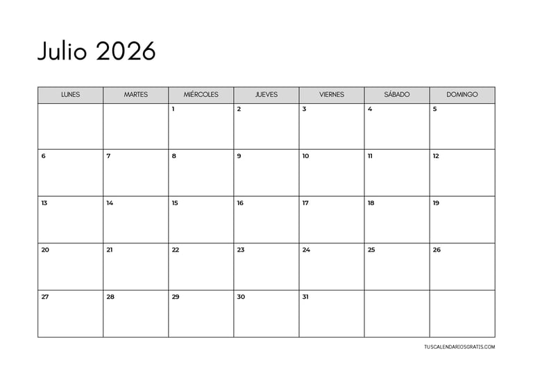 calendario julio 2026 horizontal minimalista para imprimir organización planificación verano