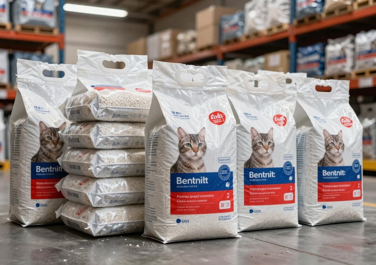 A clean, professional photograph showing high-quality white-label cat litter packaging and industrial bags of bentonite for ground wells, arranged neatly in a modern South American / Peruvian retail warehouse. The scene is well-lit with steel blue and crimson red accents on the packaging designs.