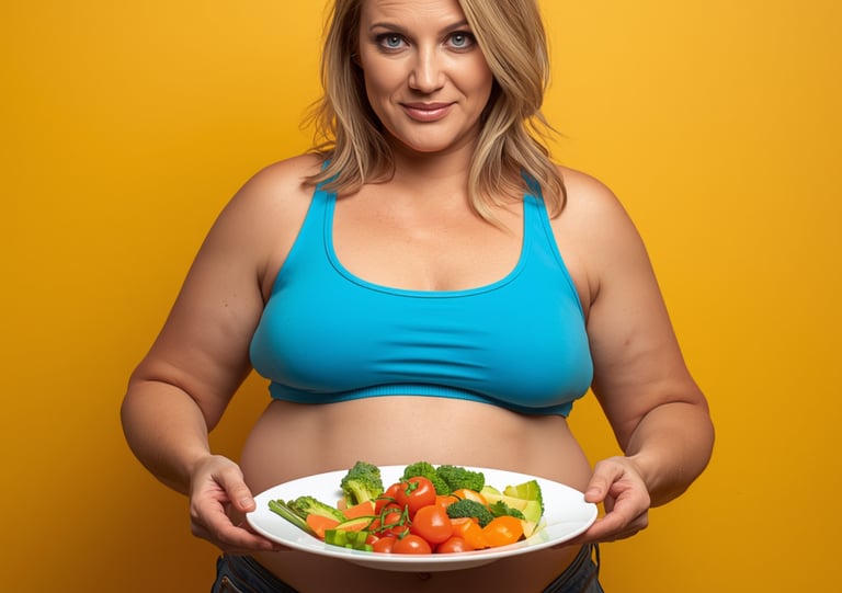 Smiling  woman holding a plate of fresh, healthy vegetables like broccoli, tomatoes, and carrots against a yellow
