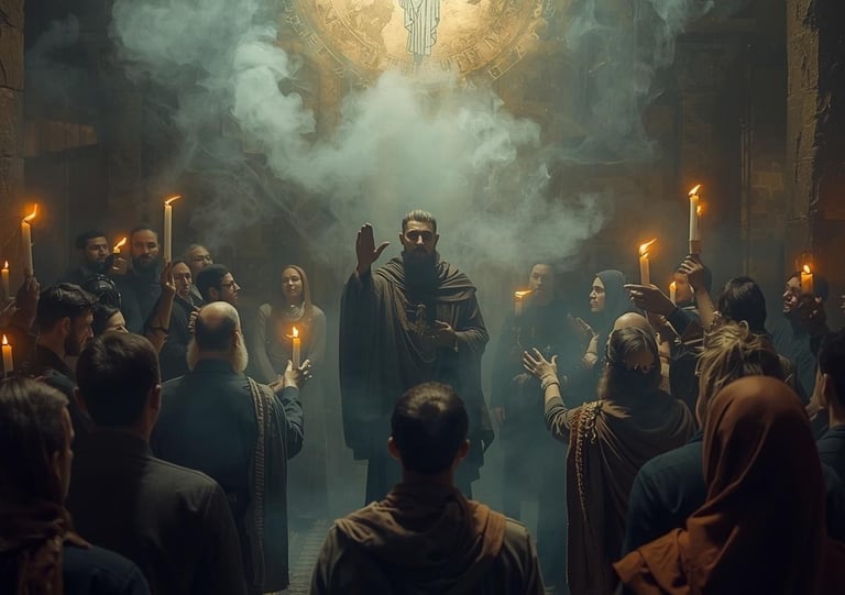 A mysterious hooded figure leads a candlelit ritual in a smoky, ancient temple hall.