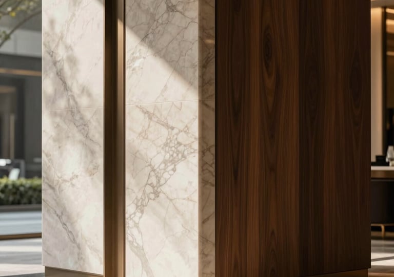 Close-up of premium natural materials like marble and dark wood in a modern luxury lobby, soft overcast daylight, rich warm tones, deep shadows, high-end editorial style