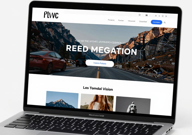 A sleek modern website displayed on a laptop with blue-themed interface.