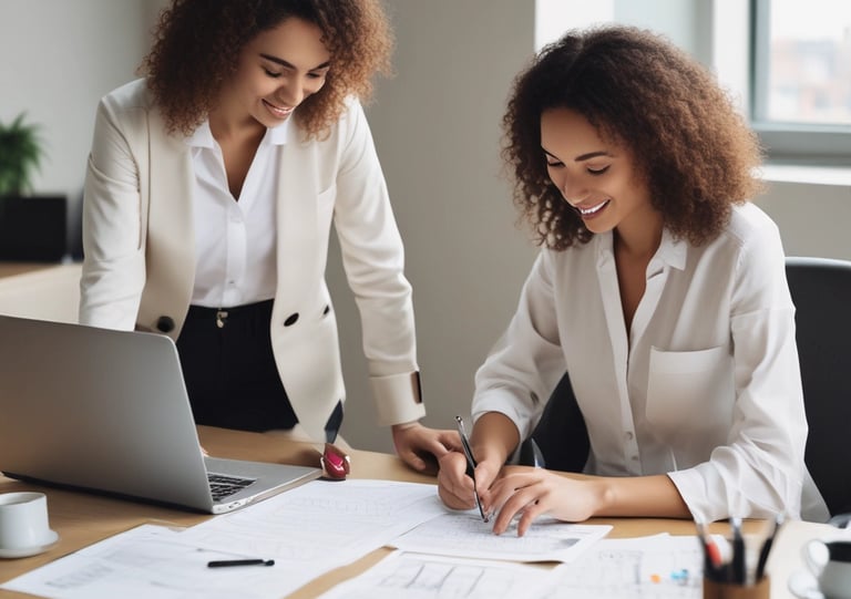 A focused consultant reviewing contract documents with a client in a modern office.