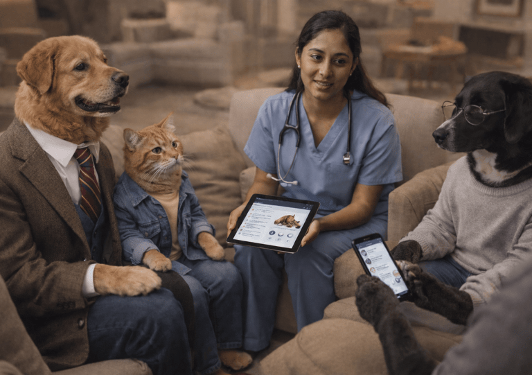 A veterinarian shows a digital pet health tablet to a dog and cat dressed in human clothes.