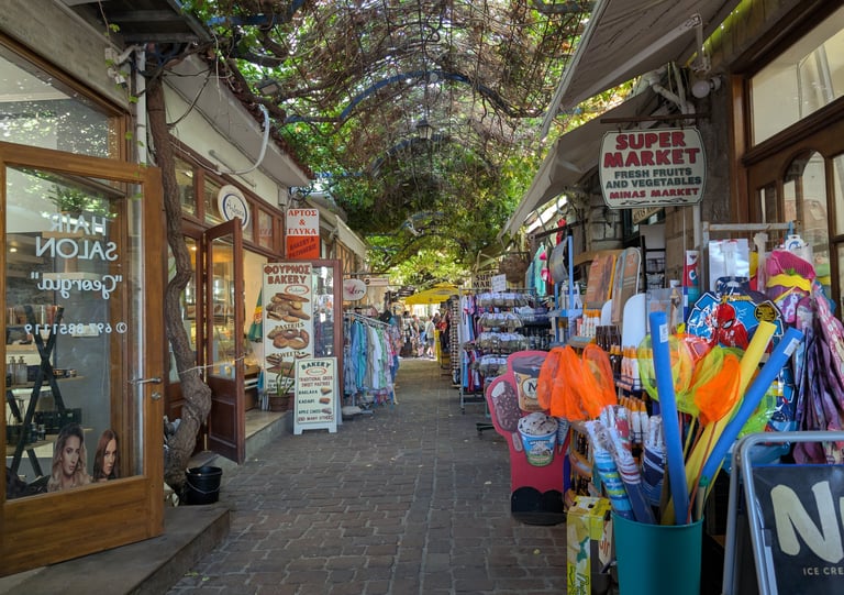cobblestone streets  and store frounts in Petra, Greece