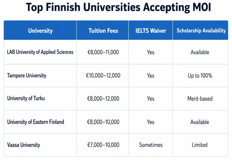 Top Finnish universities accepting MOI