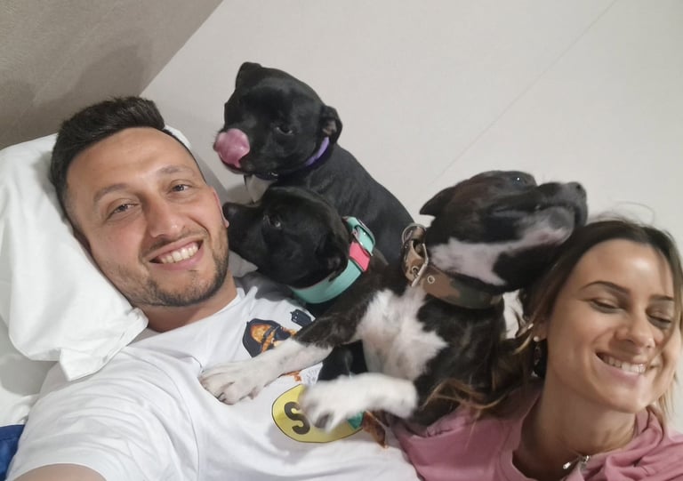 Stefano Greco Giordana Aletta in cabina nave con gli Staffordshire Bull Terrier Grecalestaffs