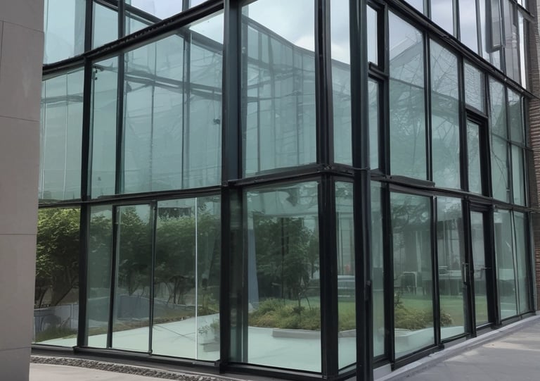 a large glass building with a clock on the outside